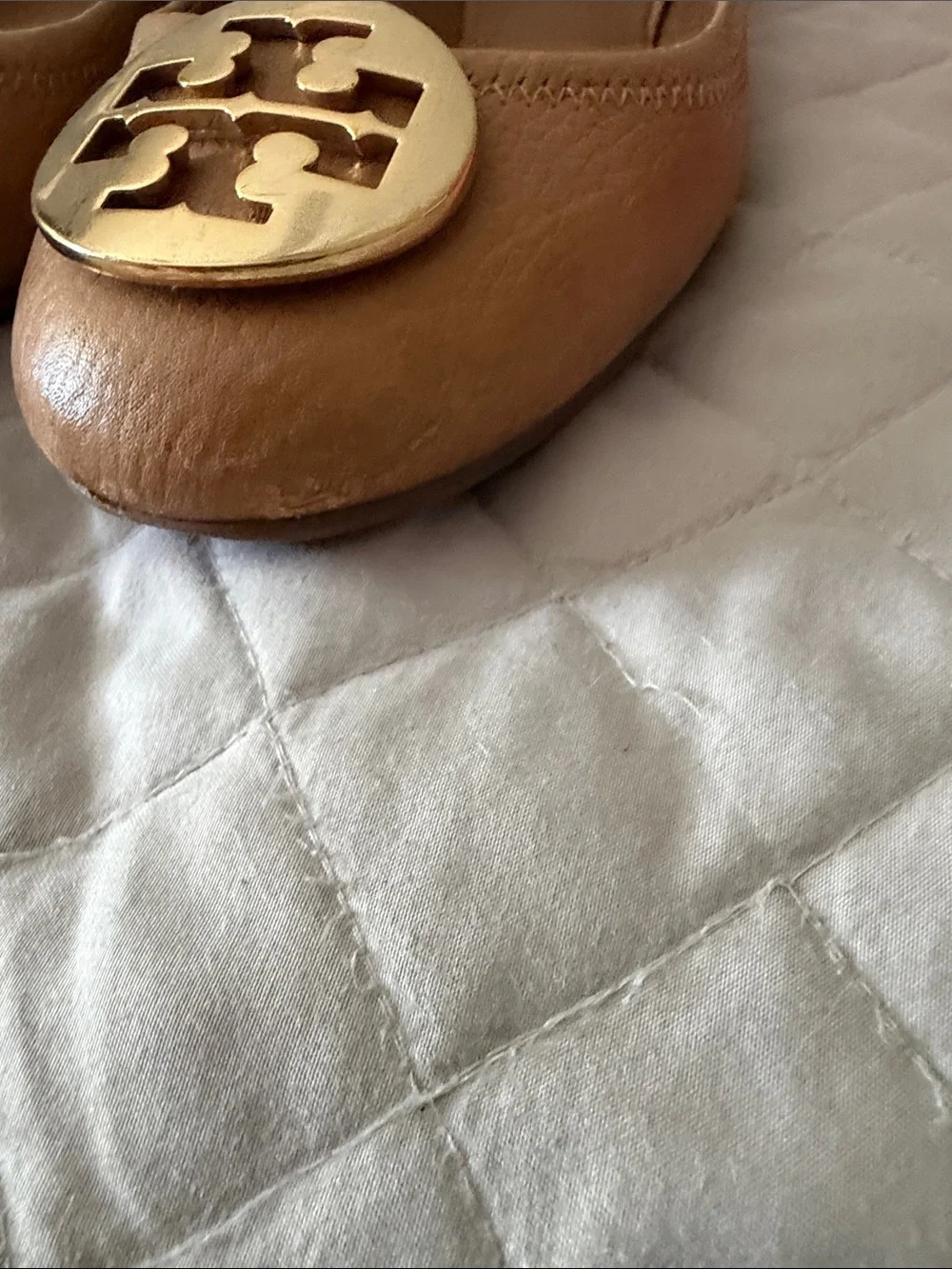 Tory Burch Caramel Leather Logo Ballet Flats with Gold Medallions